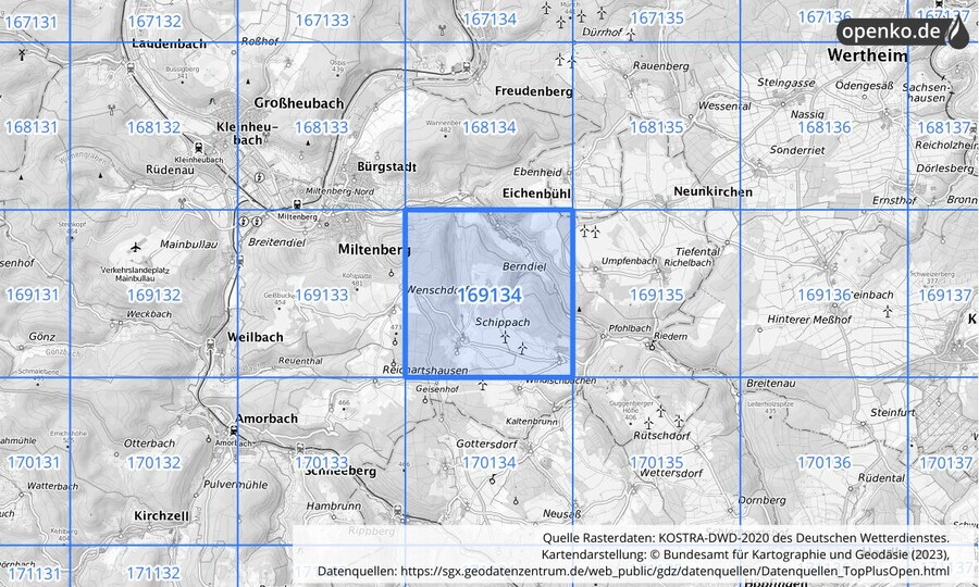 Übersichtskarte des KOSTRA-DWD-2020-Rasterfeldes Nr. 169134