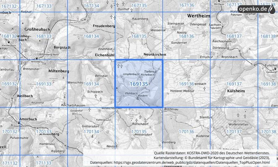 Übersichtskarte des KOSTRA-DWD-2020-Rasterfeldes Nr. 169135