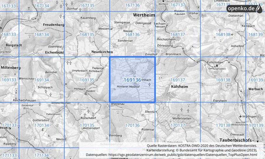 Übersichtskarte des KOSTRA-DWD-2020-Rasterfeldes Nr. 169136