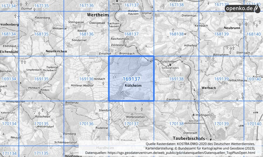 Übersichtskarte des KOSTRA-DWD-2020-Rasterfeldes Nr. 169137