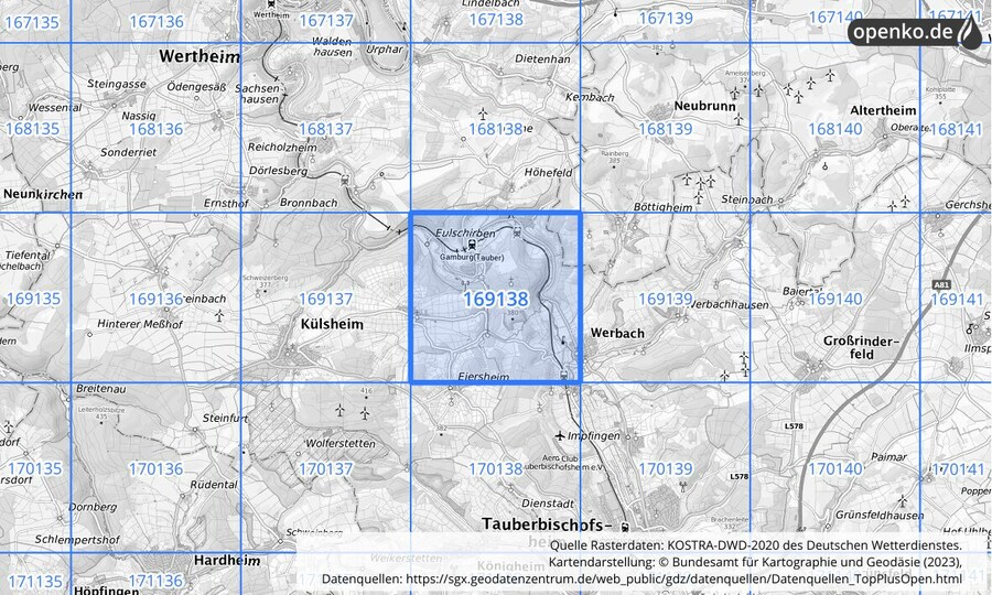 Übersichtskarte des KOSTRA-DWD-2020-Rasterfeldes Nr. 169138