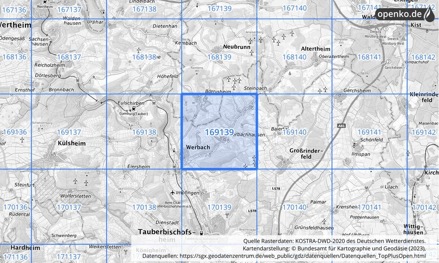 Übersichtskarte des KOSTRA-DWD-2020-Rasterfeldes Nr. 169139