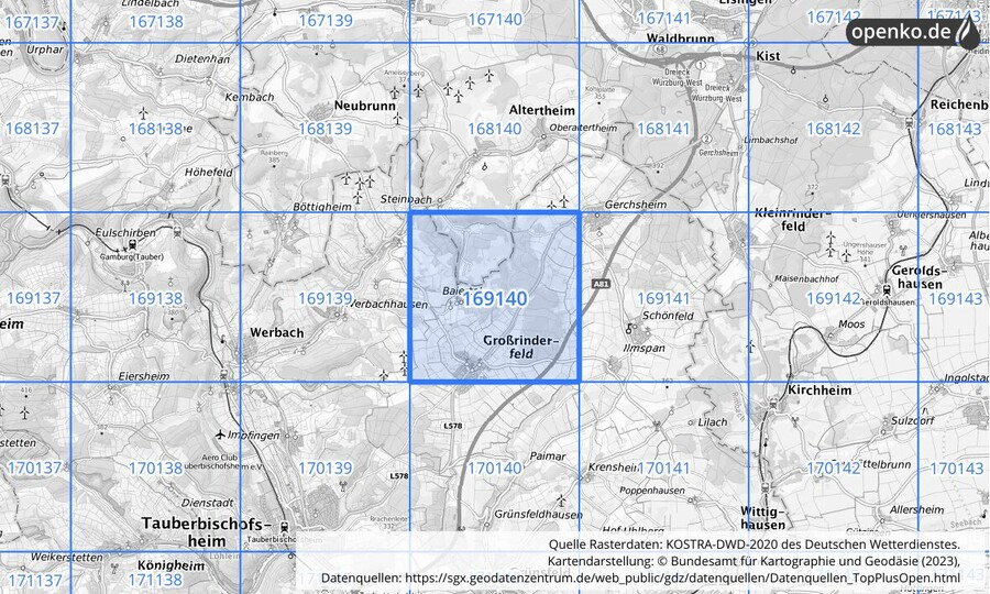 Übersichtskarte des KOSTRA-DWD-2020-Rasterfeldes Nr. 169140