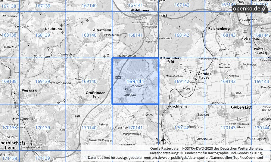 Übersichtskarte des KOSTRA-DWD-2020-Rasterfeldes Nr. 169141