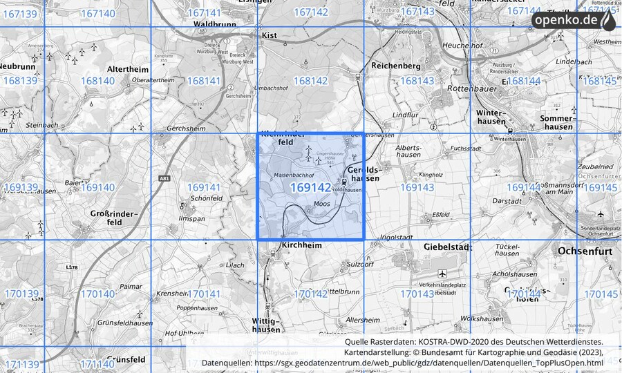 Übersichtskarte des KOSTRA-DWD-2020-Rasterfeldes Nr. 169142