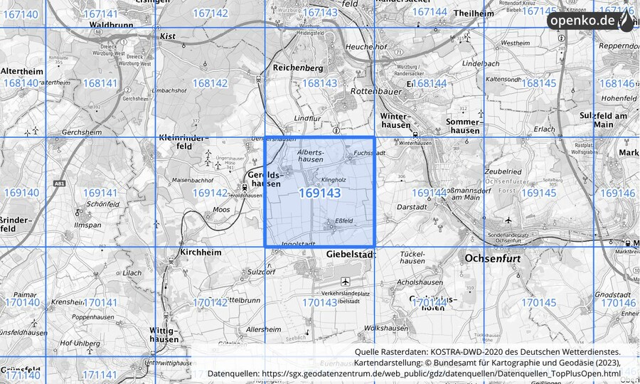 Übersichtskarte des KOSTRA-DWD-2020-Rasterfeldes Nr. 169143