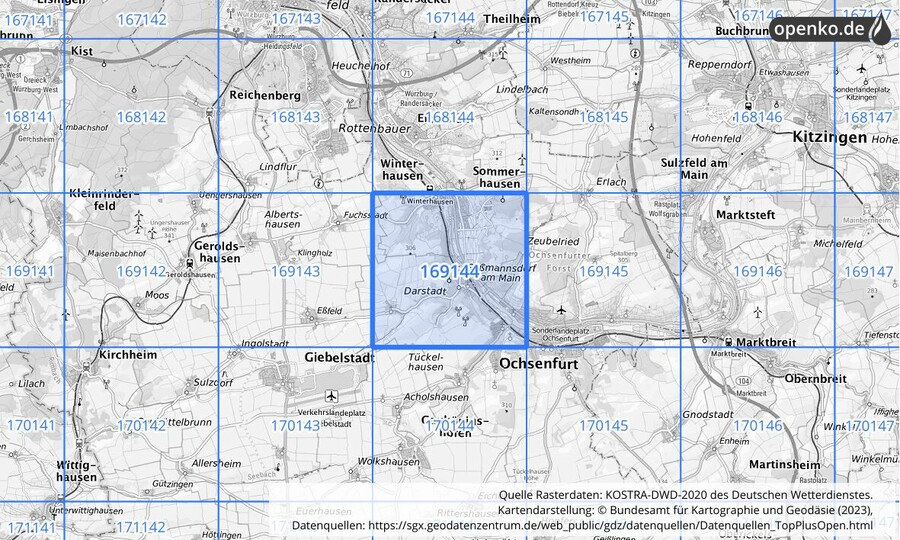 Übersichtskarte des KOSTRA-DWD-2020-Rasterfeldes Nr. 169144
