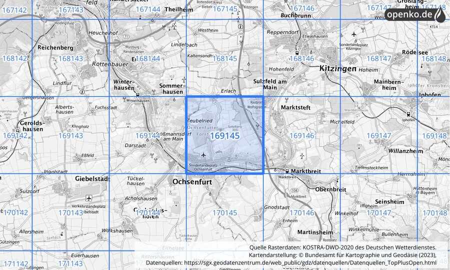 Übersichtskarte des KOSTRA-DWD-2020-Rasterfeldes Nr. 169145