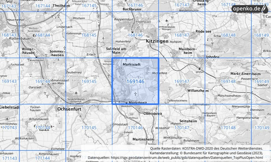 Übersichtskarte des KOSTRA-DWD-2020-Rasterfeldes Nr. 169146