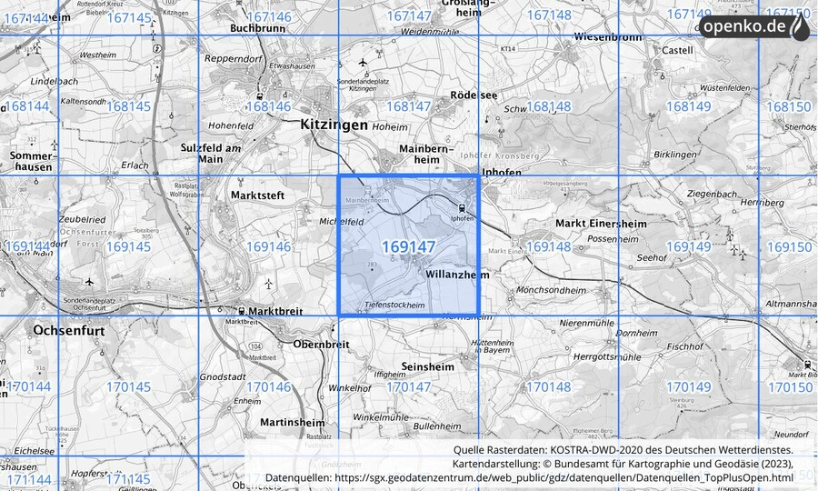 Übersichtskarte des KOSTRA-DWD-2020-Rasterfeldes Nr. 169147