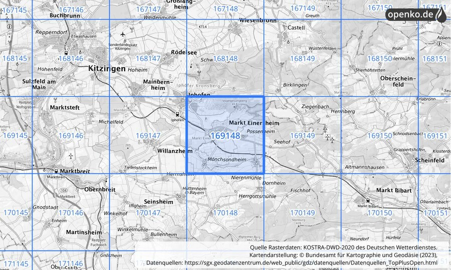 Übersichtskarte des KOSTRA-DWD-2020-Rasterfeldes Nr. 169148