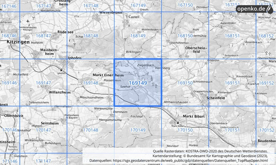 Übersichtskarte des KOSTRA-DWD-2020-Rasterfeldes Nr. 169149