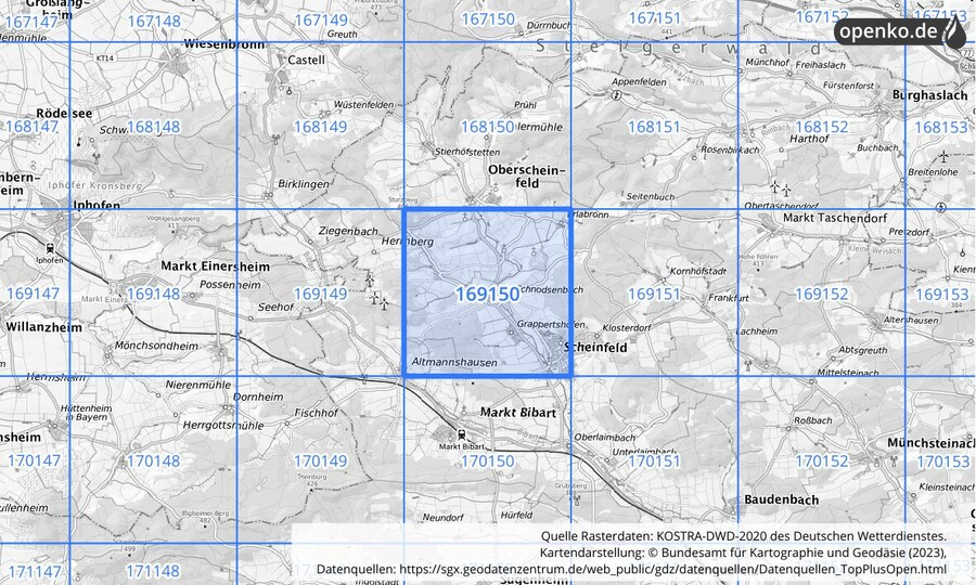 Übersichtskarte des KOSTRA-DWD-2020-Rasterfeldes Nr. 169150