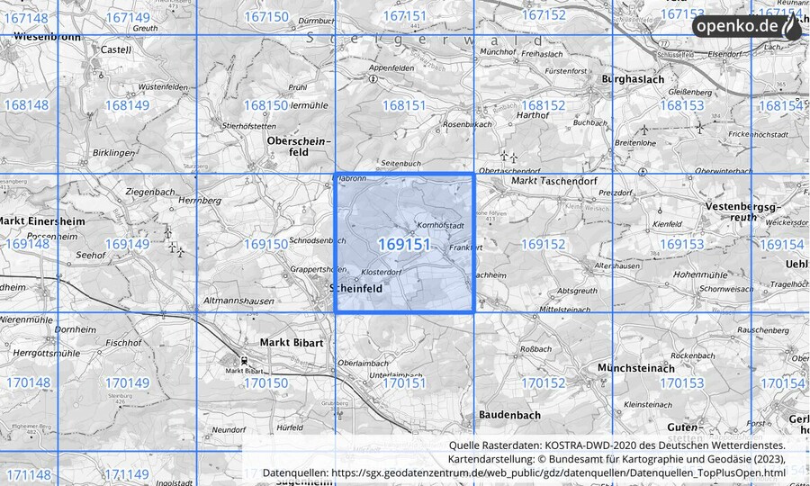 Übersichtskarte des KOSTRA-DWD-2020-Rasterfeldes Nr. 169151