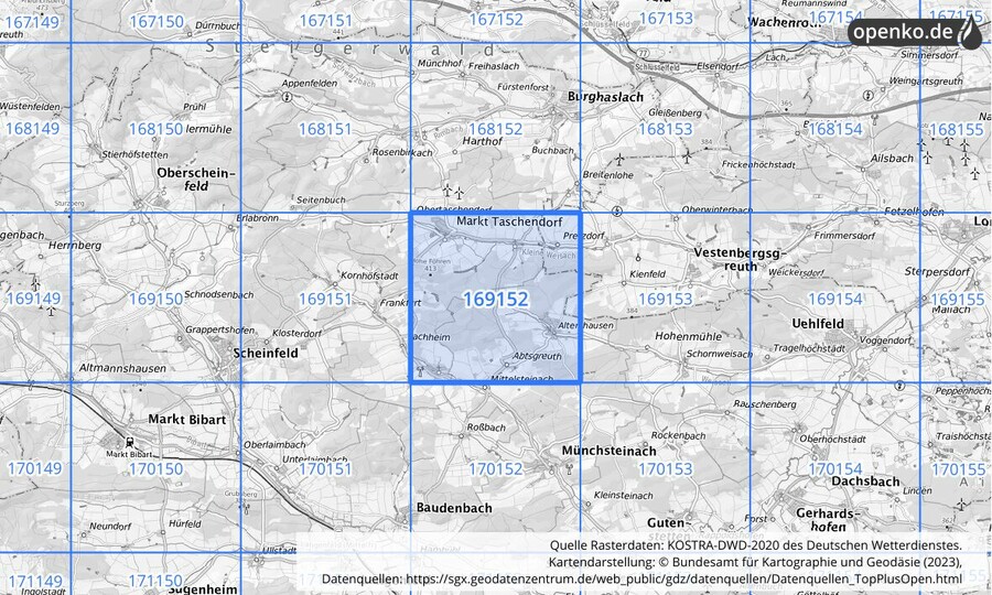 Übersichtskarte des KOSTRA-DWD-2020-Rasterfeldes Nr. 169152