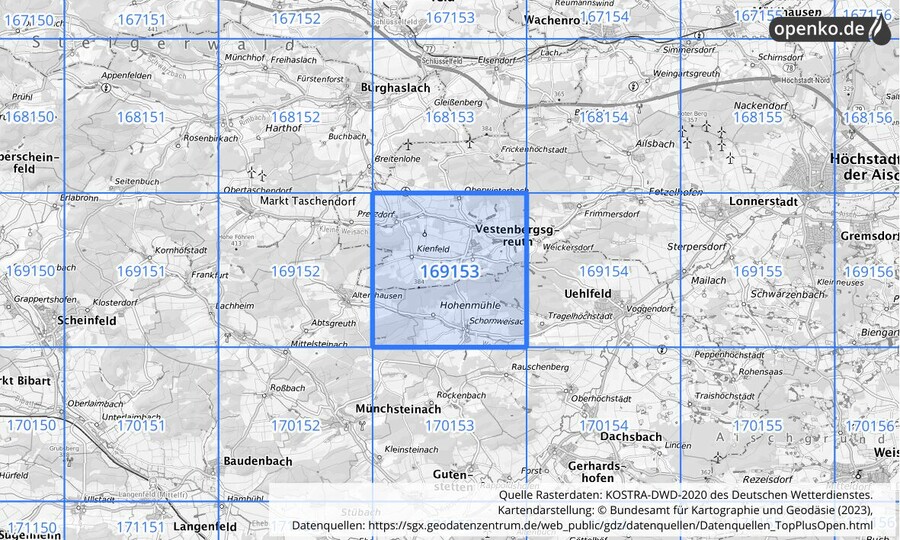 Übersichtskarte des KOSTRA-DWD-2020-Rasterfeldes Nr. 169153