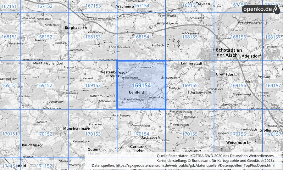 Übersichtskarte des KOSTRA-DWD-2020-Rasterfeldes Nr. 169154