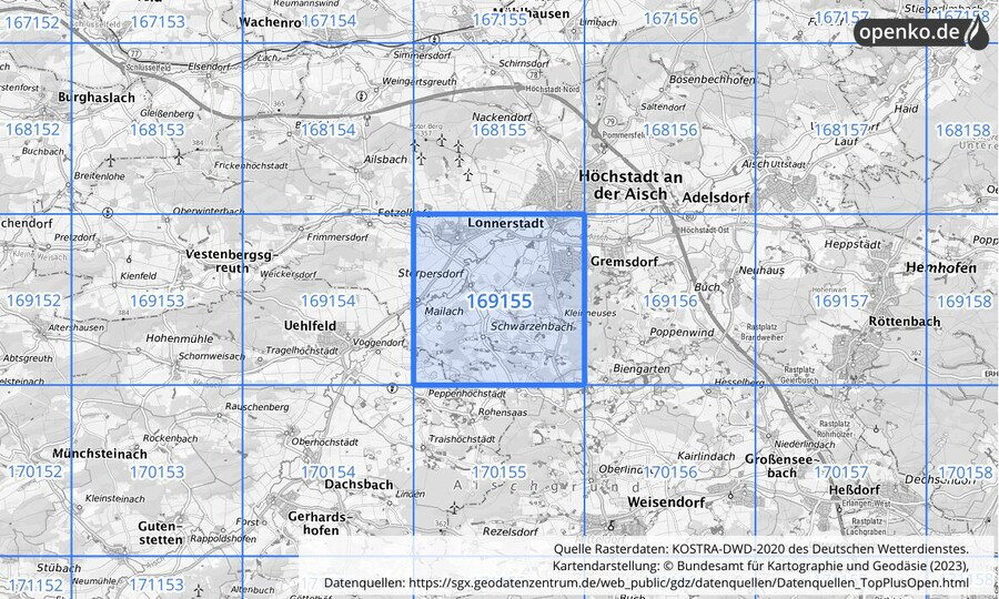 Übersichtskarte des KOSTRA-DWD-2020-Rasterfeldes Nr. 169155