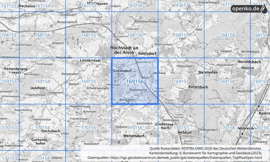 Übersichtskarte des KOSTRA-DWD-2020-Rasterfeldes Nr. 169156