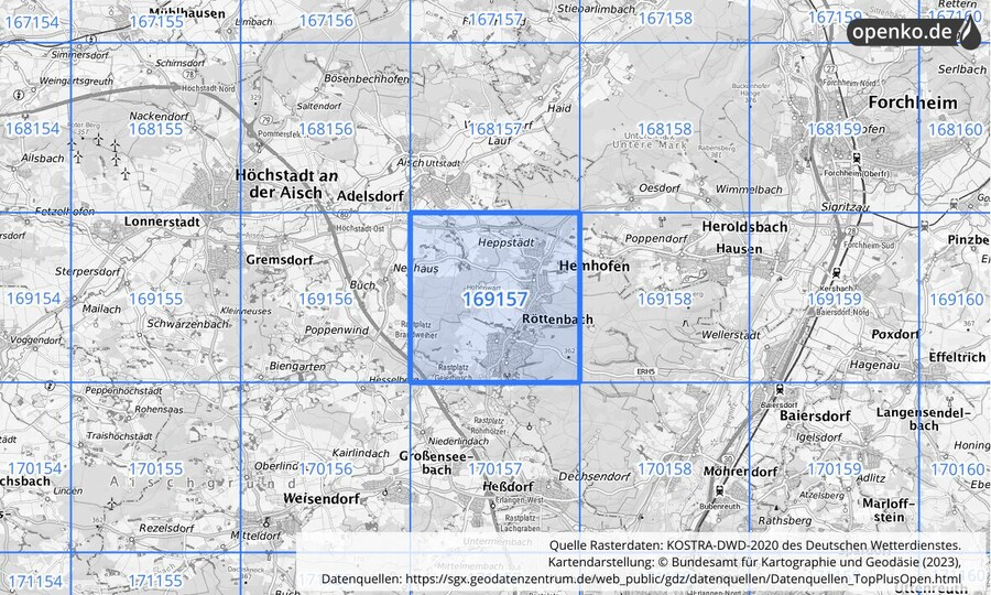 Übersichtskarte des KOSTRA-DWD-2020-Rasterfeldes Nr. 169157