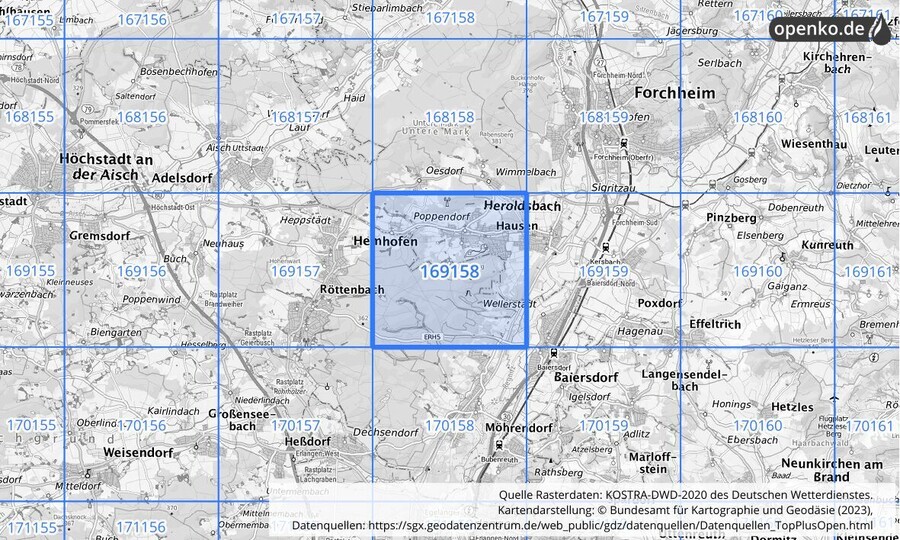 Übersichtskarte des KOSTRA-DWD-2020-Rasterfeldes Nr. 169158