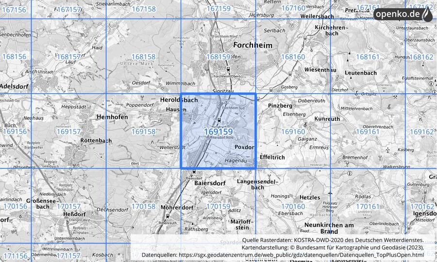 Übersichtskarte des KOSTRA-DWD-2020-Rasterfeldes Nr. 169159