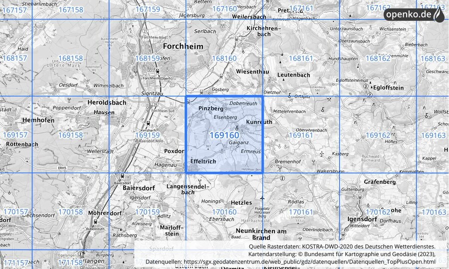 Übersichtskarte des KOSTRA-DWD-2020-Rasterfeldes Nr. 169160