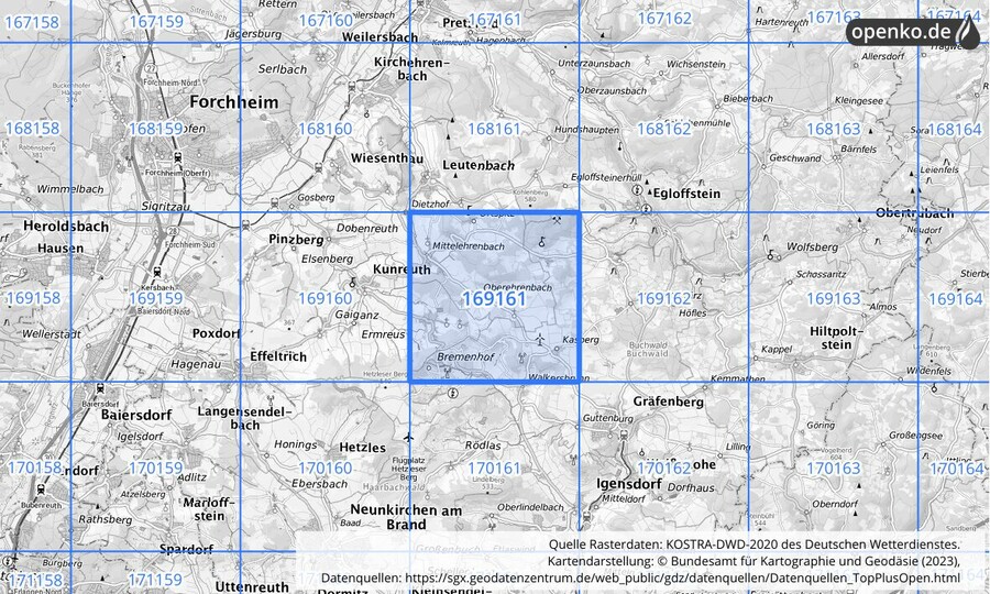 Übersichtskarte des KOSTRA-DWD-2020-Rasterfeldes Nr. 169161