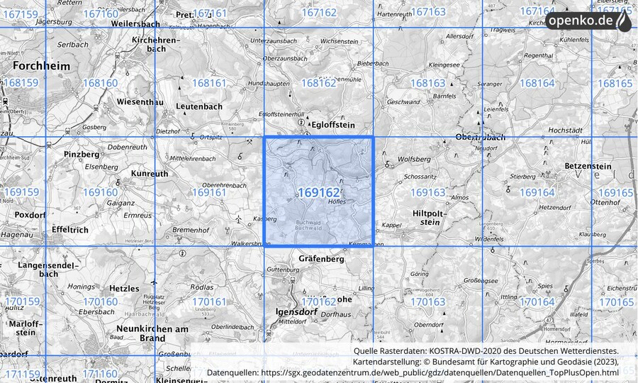 Übersichtskarte des KOSTRA-DWD-2020-Rasterfeldes Nr. 169162