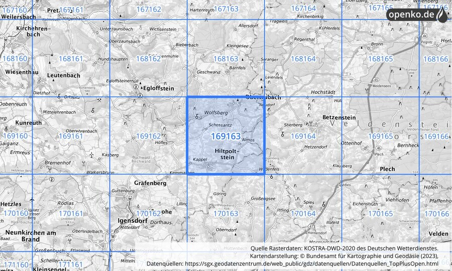 Übersichtskarte des KOSTRA-DWD-2020-Rasterfeldes Nr. 169163