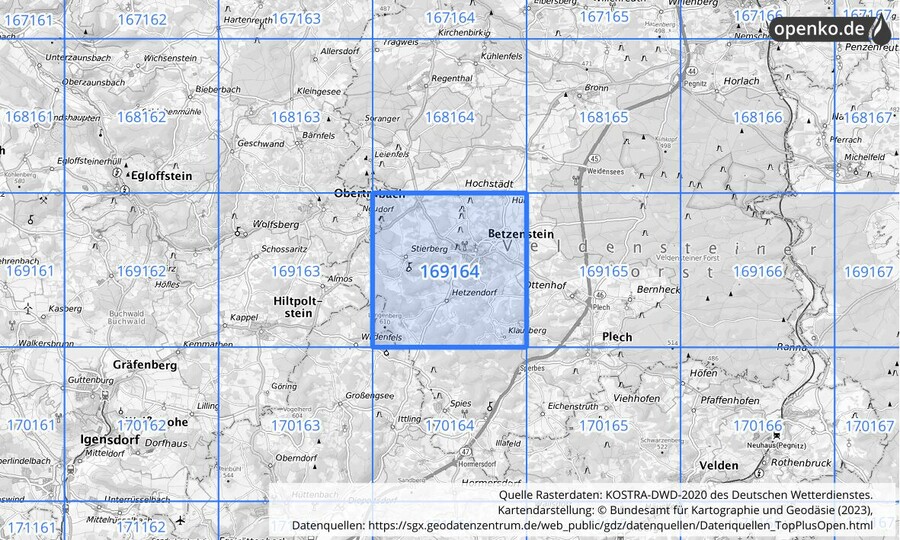 Übersichtskarte des KOSTRA-DWD-2020-Rasterfeldes Nr. 169164