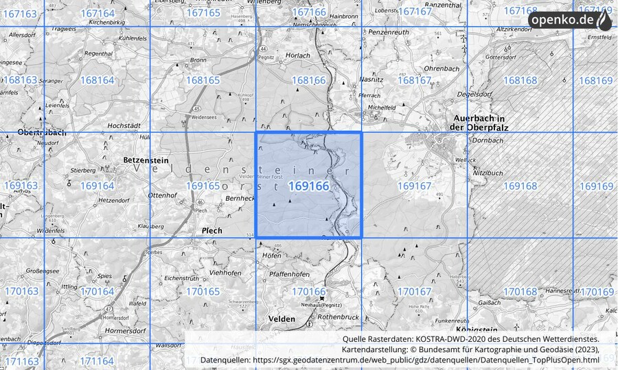 Übersichtskarte des KOSTRA-DWD-2020-Rasterfeldes Nr. 169166