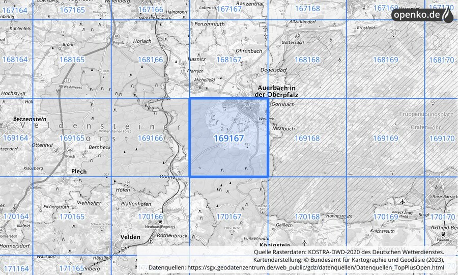 Übersichtskarte des KOSTRA-DWD-2020-Rasterfeldes Nr. 169167