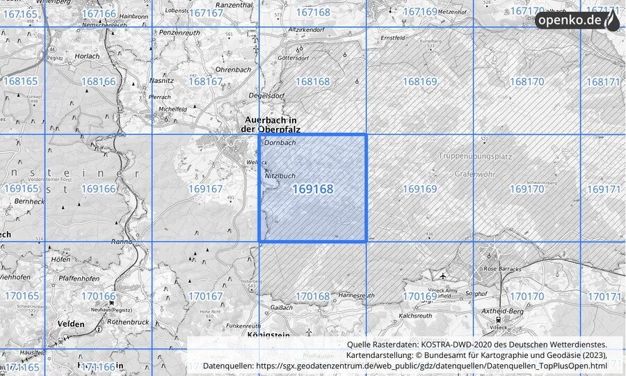 Übersichtskarte des KOSTRA-DWD-2020-Rasterfeldes Nr. 169168