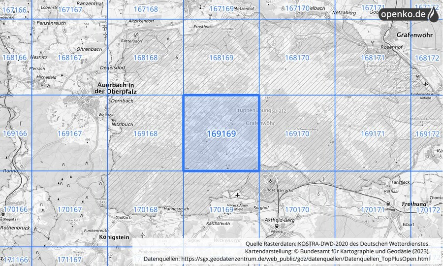 Übersichtskarte des KOSTRA-DWD-2020-Rasterfeldes Nr. 169169