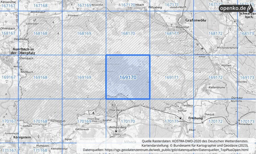 Übersichtskarte des KOSTRA-DWD-2020-Rasterfeldes Nr. 169170