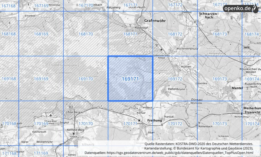 Übersichtskarte des KOSTRA-DWD-2020-Rasterfeldes Nr. 169171