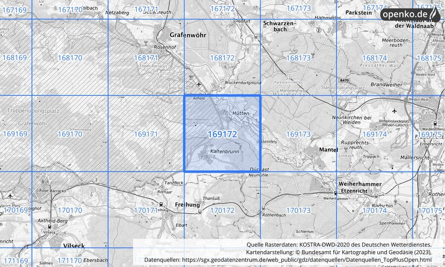 Übersichtskarte des KOSTRA-DWD-2020-Rasterfeldes Nr. 169172