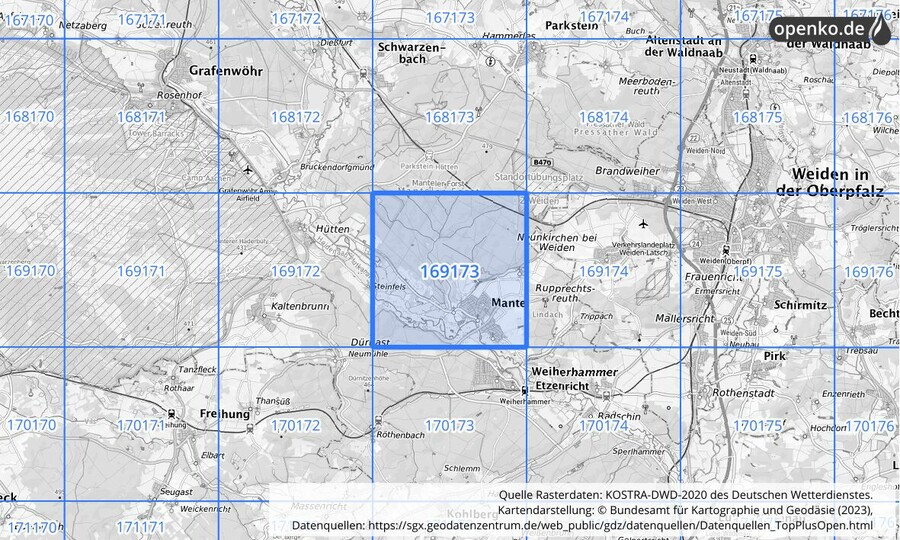 Übersichtskarte des KOSTRA-DWD-2020-Rasterfeldes Nr. 169173