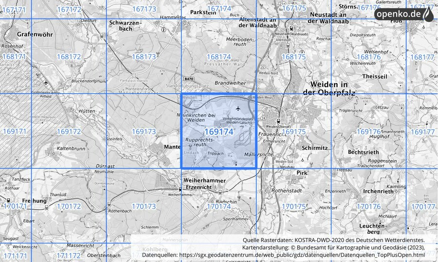 Übersichtskarte des KOSTRA-DWD-2020-Rasterfeldes Nr. 169174