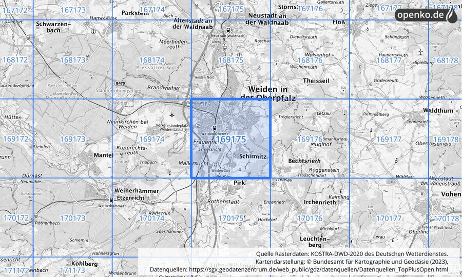 Übersichtskarte des KOSTRA-DWD-2020-Rasterfeldes Nr. 169175