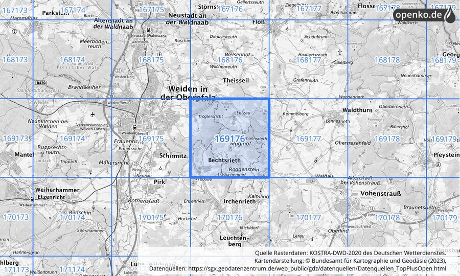 Übersichtskarte des KOSTRA-DWD-2020-Rasterfeldes Nr. 169176