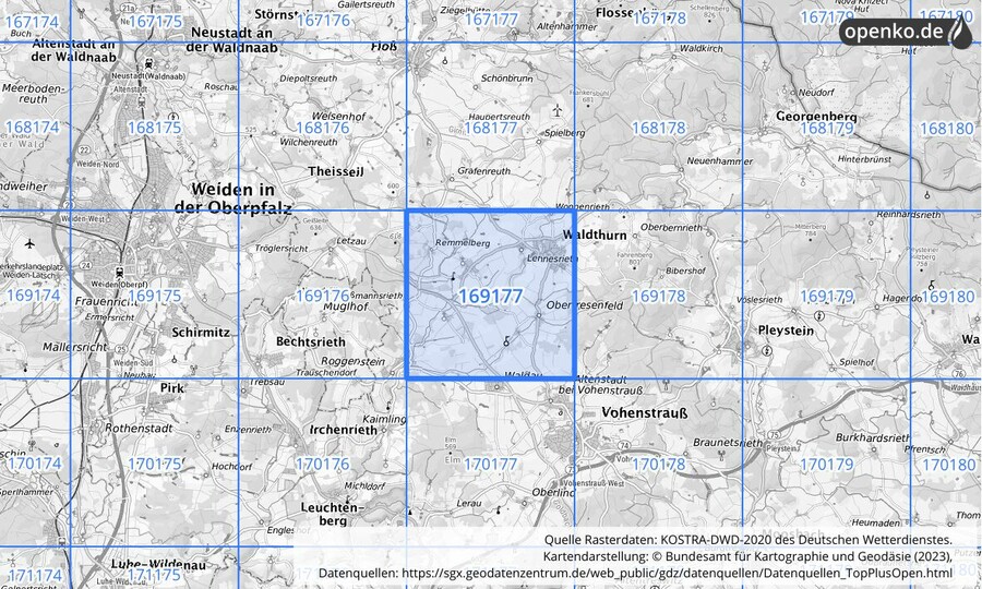 Übersichtskarte des KOSTRA-DWD-2020-Rasterfeldes Nr. 169177