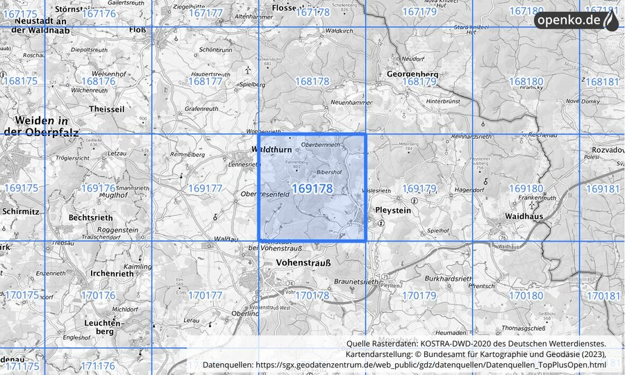 Übersichtskarte des KOSTRA-DWD-2020-Rasterfeldes Nr. 169178