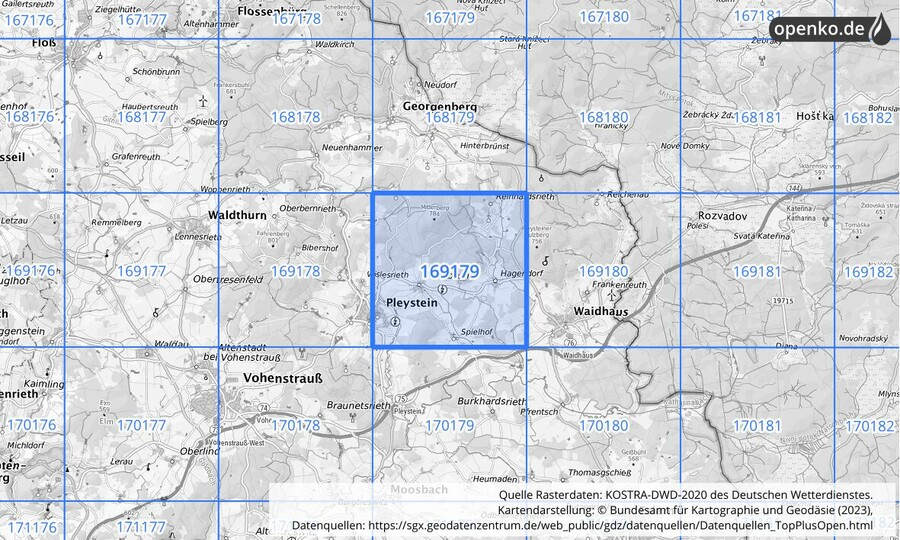 Übersichtskarte des KOSTRA-DWD-2020-Rasterfeldes Nr. 169179