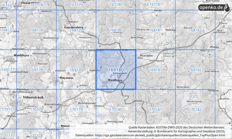 Übersichtskarte des KOSTRA-DWD-2020-Rasterfeldes Nr. 169180