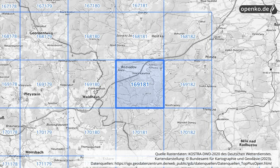 Übersichtskarte des KOSTRA-DWD-2020-Rasterfeldes Nr. 169181