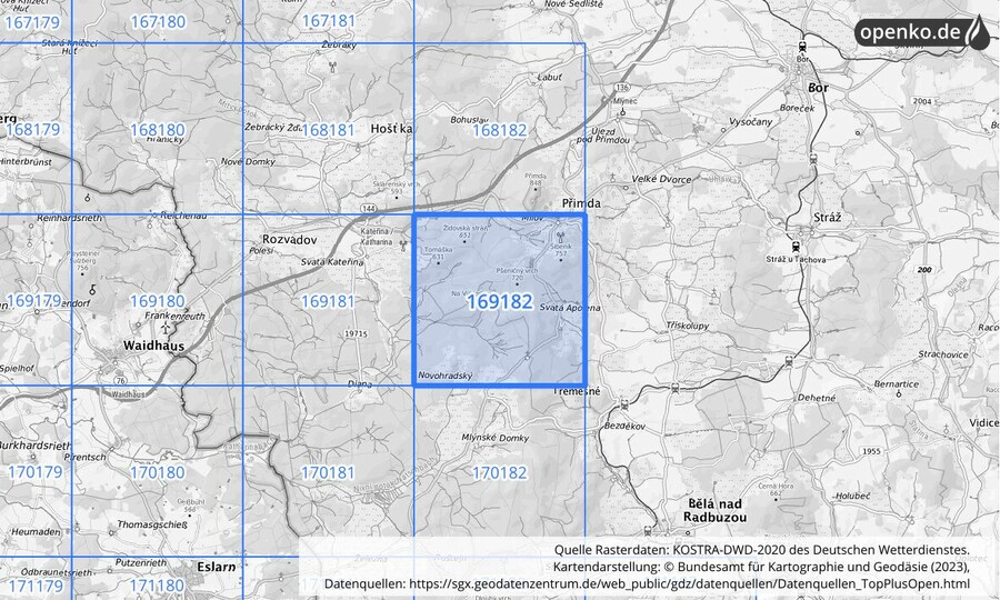 Übersichtskarte des KOSTRA-DWD-2020-Rasterfeldes Nr. 169182