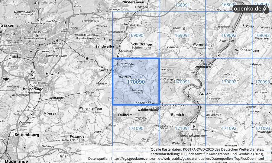 Übersichtskarte des KOSTRA-DWD-2020-Rasterfeldes Nr. 170090