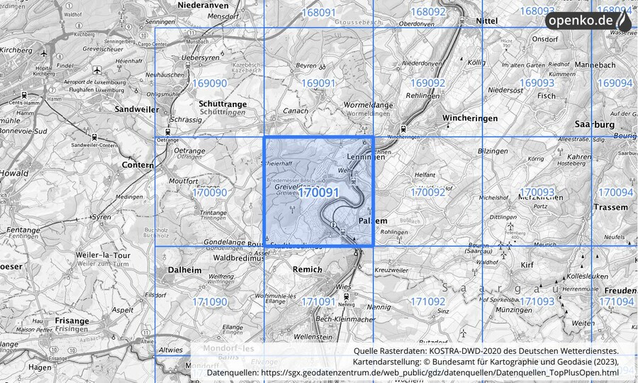 Übersichtskarte des KOSTRA-DWD-2020-Rasterfeldes Nr. 170091